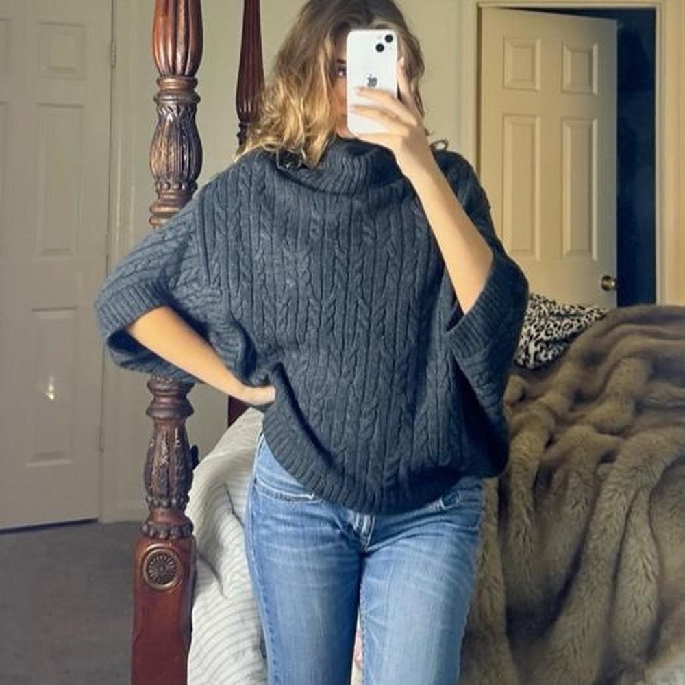 vintage grey cableknit turtleneck poncho top